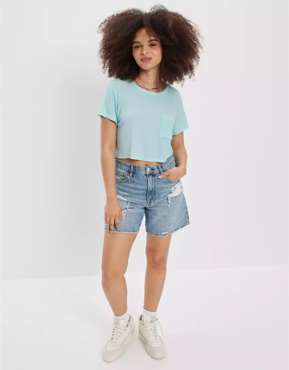 T Shirts American Eagle AE Cropped Soft & Sexy Pocket Tee Turquoise Femme | XRN-64341895